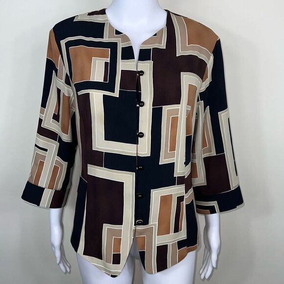 Kathy Che Vintage Polyester Earthtone Geometric Print Blouse - Picture 1 of 10